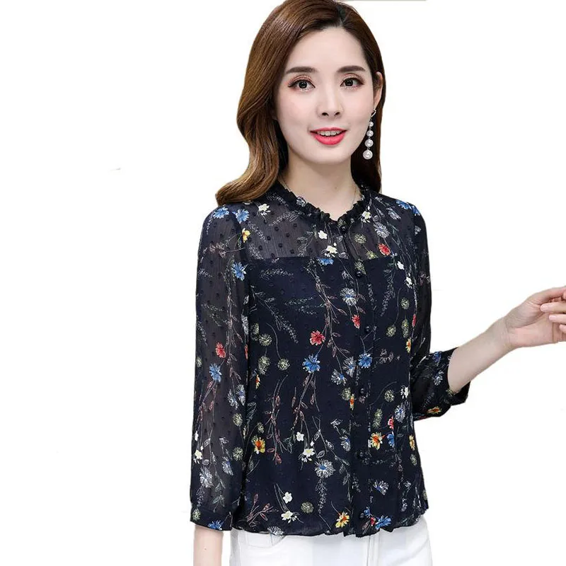  Women Spring Summer Style Chiffon Blouses Shirts Lady Casual Flower Printed Patchwork O-Neck Blusas