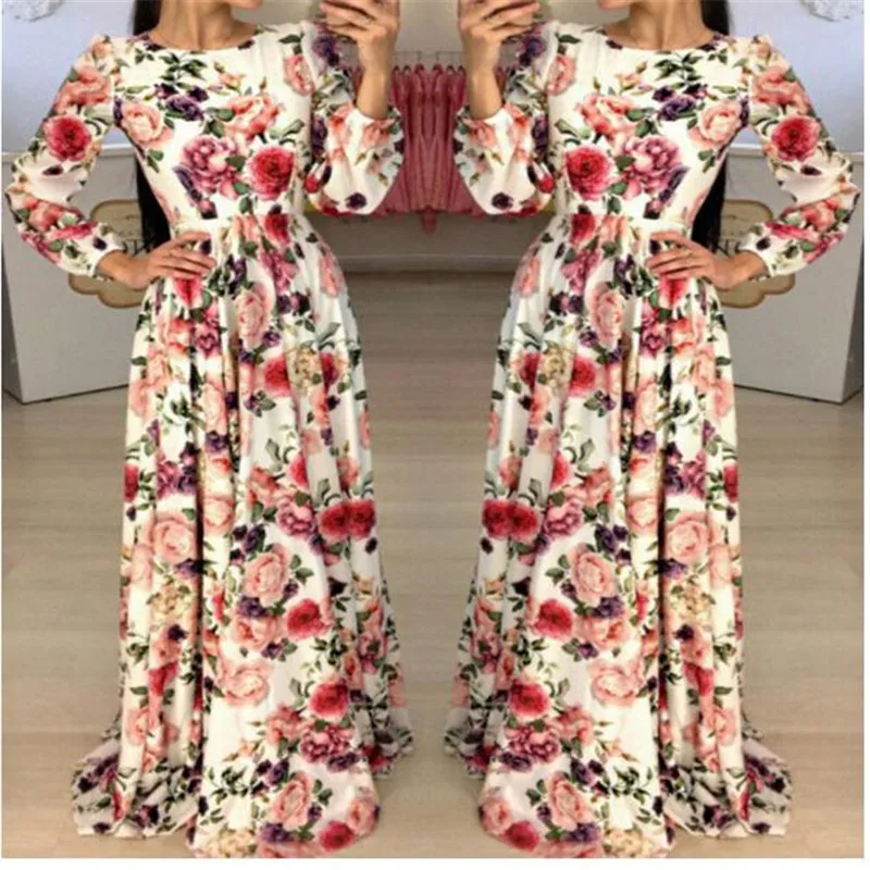 2019 Women's Boho Floral Long Dress Ladies Evening Party Beach Dresses Autumn Spring Sundress Vestito Lungo Females Hot Dress
