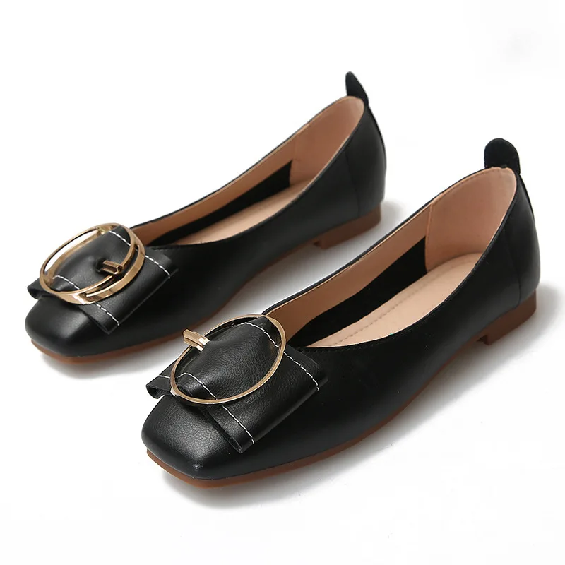 

34~43 Moccasins Women Square Toe Buckle Shoes Metal Loafers Slip On Soft Ballet Flats Office Shallow Single Shoes Leather Loafer
