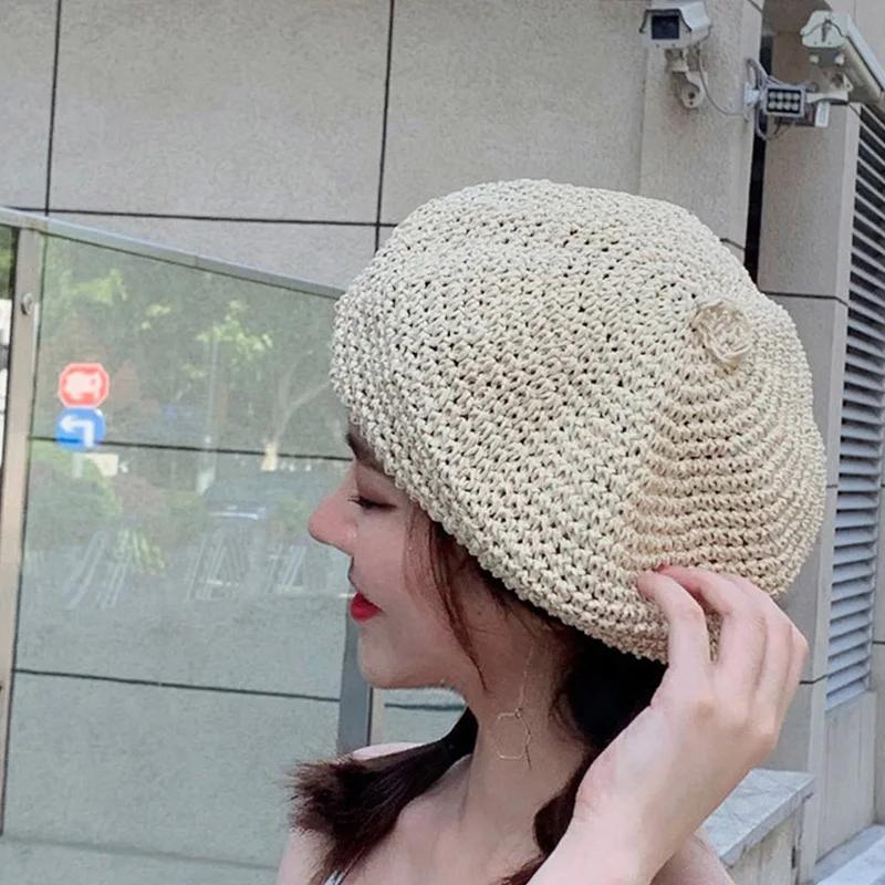 Handmade Vintage Wind Grass Beret Breathable Painter Hat Japanese Straw Hat Female Summer Pumpkin Hat Beret