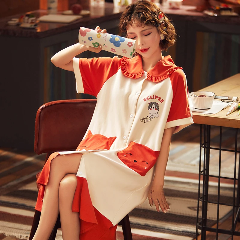 Print Cat Nightgowns Cotton Night Dress for Women Casual Singer Button Pockets Home Shirt Sleepwear Nightwear Ladies | Женская одежда