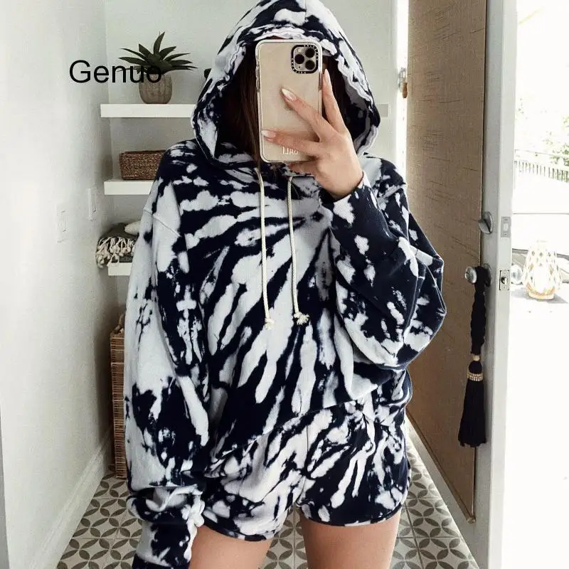 Hooded Shorts Set Home Suit Women Tie Dye Print Hoodie Long Sleeve Autumn Women's Clothes Streetwear Harajuku Hoodies Sets