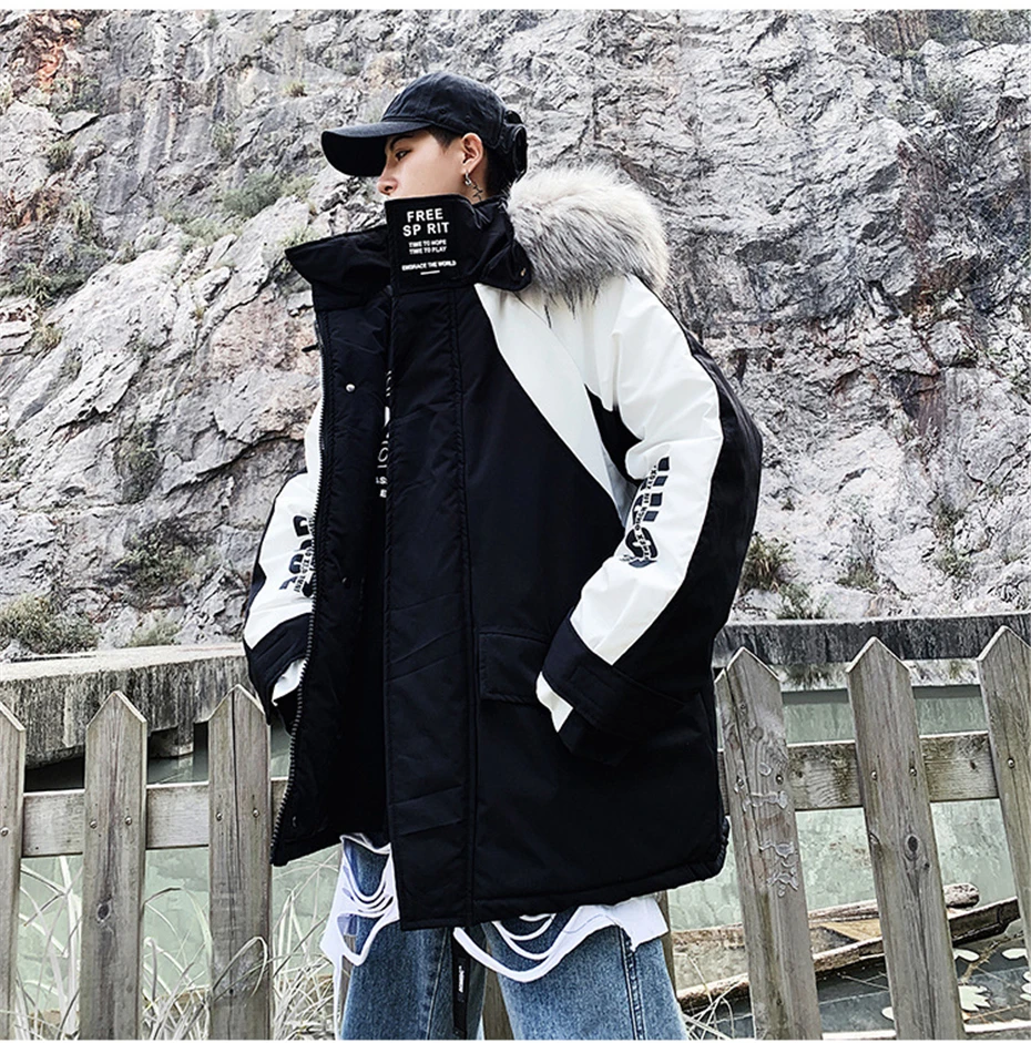 US Size Winter Parkas Men Streetwear Fur Collar Patchwork Thick Cargo Coats Windbreaker Loose Hoody Jackets Male DG458