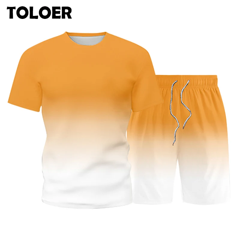Men Clothing Suits Shirt Shorts-Set 2piece-Sets Track Male Summer Gradient-Color