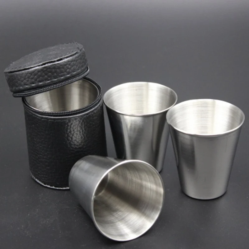 

4pcs/set 30ml Stainless Steel Coffee Cup Portable Coffee Wine Cup Outdoor Camping Travel Mug Set With Faux Leather Case Cover