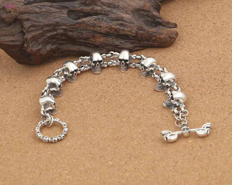 S925 pure silver Trend punk Rock man Fashion personality Skull TO Button men's thai silver Bracelet for men new style