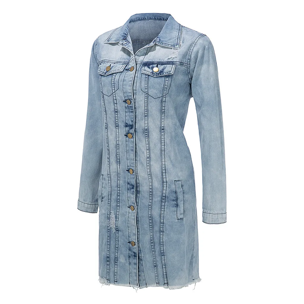 Jean Outerwear& Coats Jackets Women Button Long Sleeve Pockets Denim Hole Open Front Jean Jacket Overcoat Tops jaqueta feminina