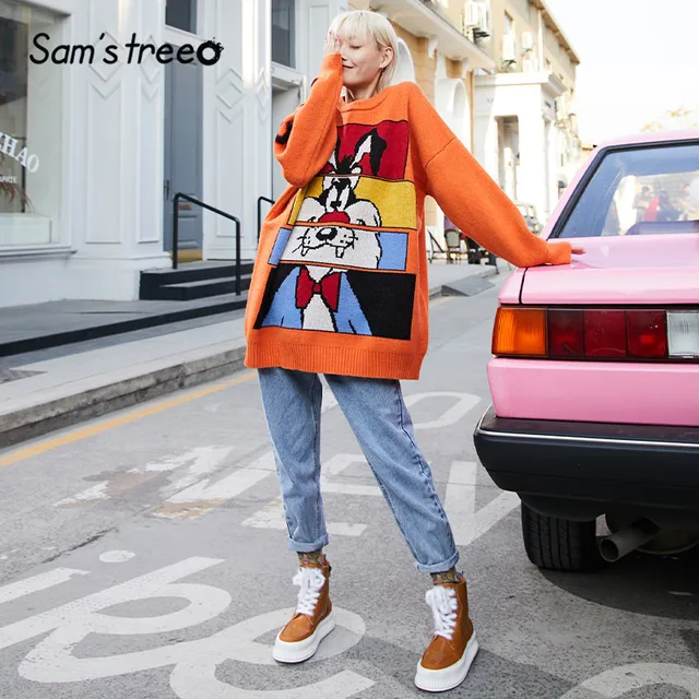 US $26.82 SAM'S TREE Multicolor Cartoon Print Knit Pullovers Women Sweaters 2020 Winter Cute Lantern Sleeve C
