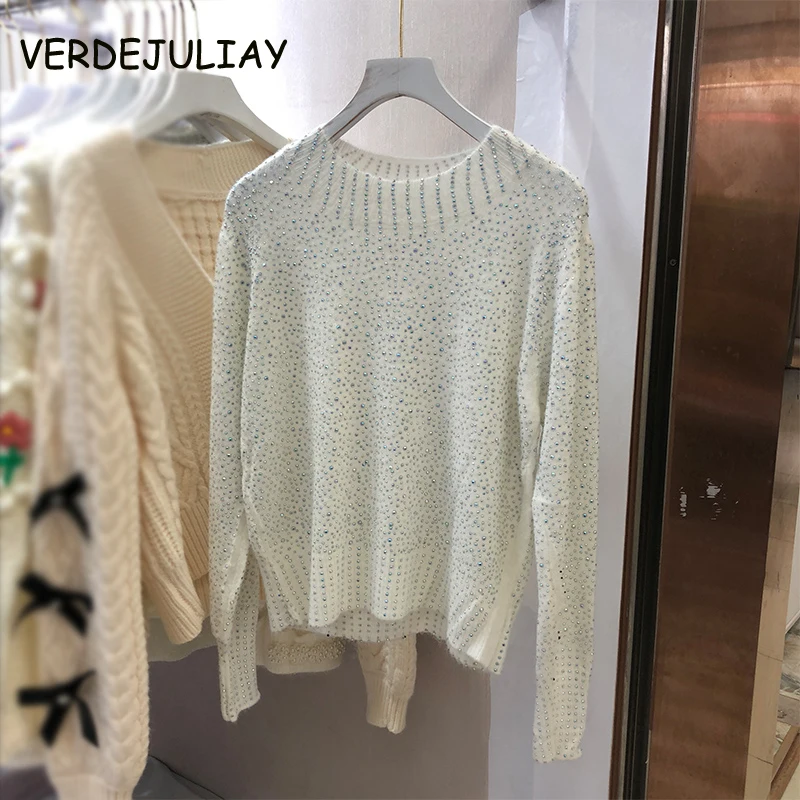 VERDEJULIA High Quality Autumn Winter Sweater Runway Fashion Beige Beading Diamonds Casual Office Ladies | Женская одежда