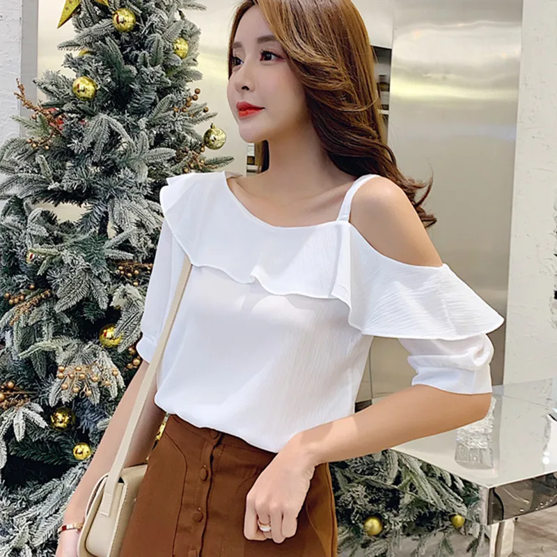 

Korean Fashion Women Blouses Women Chiffon Blouse Shirts Woman Solid Slash Neck Blouse Summer Top Plus Size Blusas Mujer De Moda