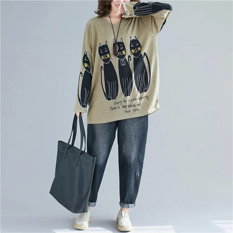Женская Трикотажная хлопковая футболка размера плюс с принтом "кавайный кот", Осенние Топы, футболка с длинным рукавом