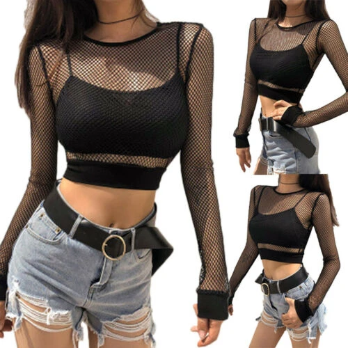 Women Sexy See Through Fishnet Shirt Ladies Long Sleeve O-neck