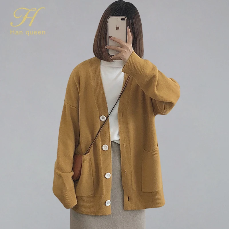 

H han queen New 2019 Autumn Fashion Women Long Sleeve Loose Knitting Cardigan Sweater Casual Female Cardigans V-neck Pull Femme