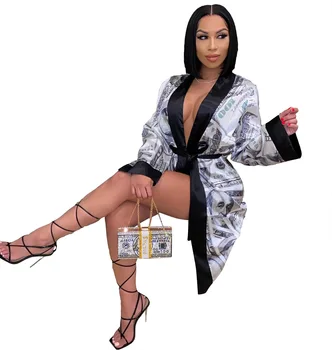 

Sexy Money Printed Satin Robes for Women Sleepwear Night Gown Home Clothes Bathrobe Pajamas Lounge Wear Kimono