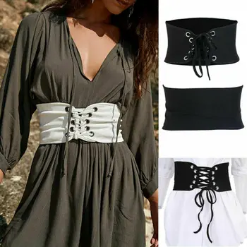 

Women Retro Waist Belt Lady Vintage Sexy Lace Up Cross Buckle Elastic Stretch Bodice Waist Belts Corset Waistbands Match Dress