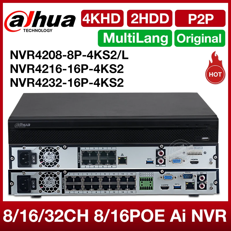 Dahua English NVR4216-4KS2 16 Channel Smart 1U Network Video Recorder NVR P2P 