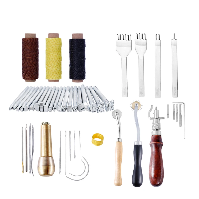 

Leather Craft Hand Tools Kit Waxed Thread Thimble Kit for Hand Stitching Sewing Stamping DIY Tool Set