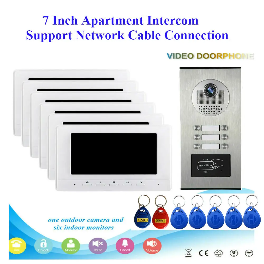 7 inch 2/3/4/6 Apartment/Family Video Door Phone Intercom System RFID IR-CUT HD 700TVL Camera Doorbell Night Vision Camera Water
