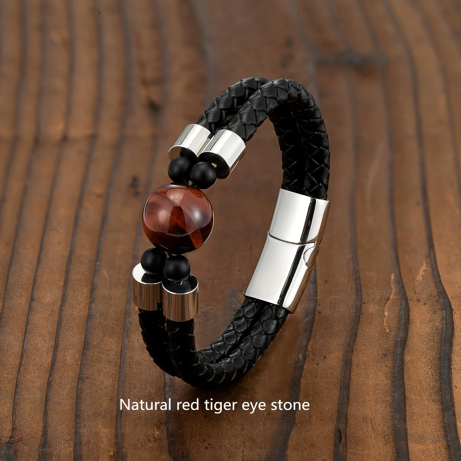 European and American Retro Style 16mm Natural Tiger’s Eye Double-row Leather Cord Bracelet Stainless Steel Magnet Buckle Bracel
