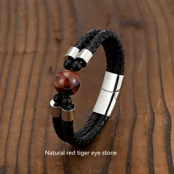 European and American Retro Style 16mm Natural Tiger’s Eye Double-row Leather Cord Bracelet Stainless Steel Magnet Buckle Bracel