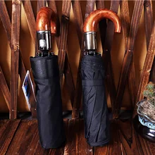 Деревянный кожаный Автоматический бизнес-зонт с ручкой для мужчин и женщин, мужской зонт с 10 ребрами, большой складной ветрозащитный зонт для гольфа Paraguas