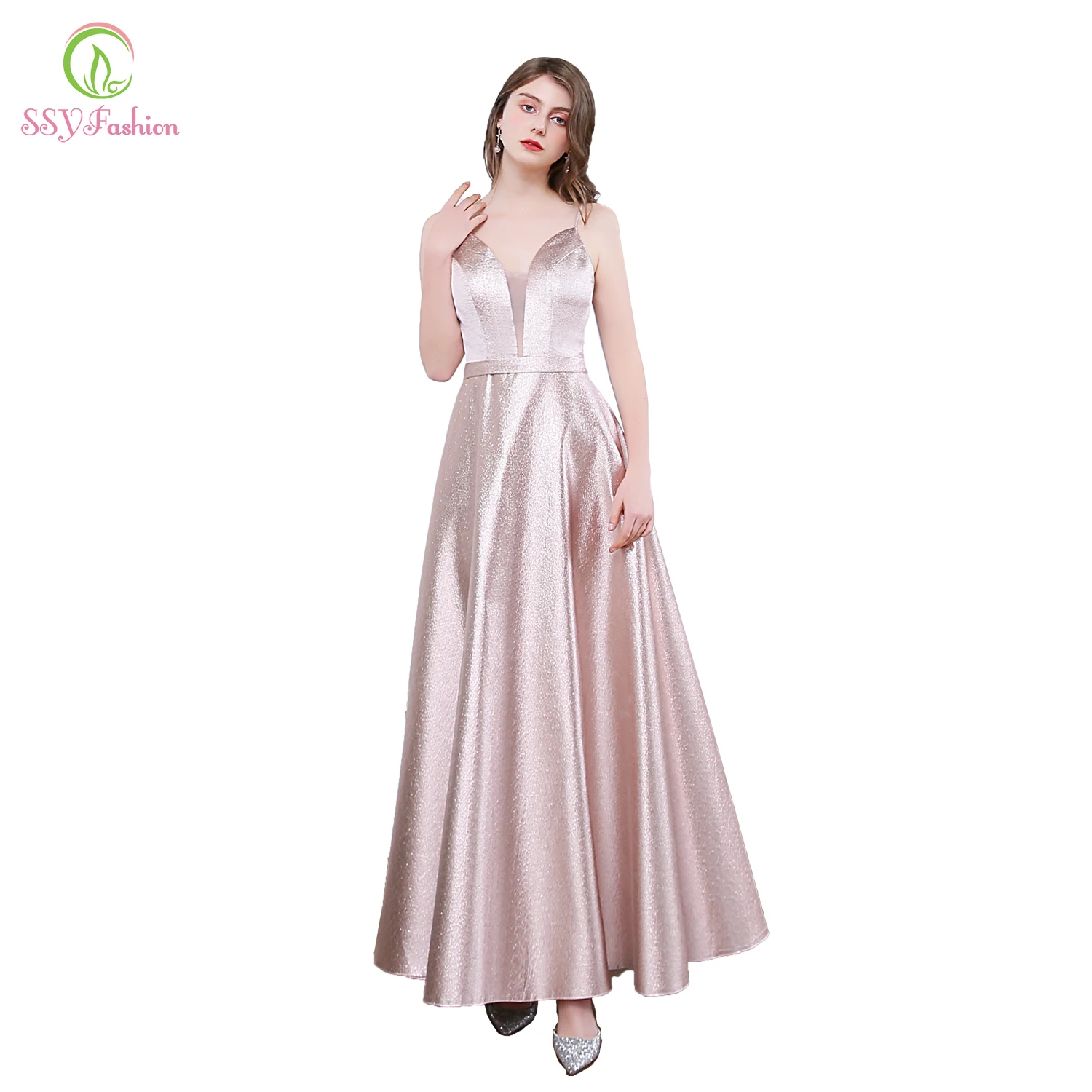 SSYFashion, новинка, Простое розовое вечернее платье, сексуальное, v-образный вырез, открытая спина, сверкающее, длина до пола, для выпускного вечера, официальное платье на заказ, Vestidos De Noche