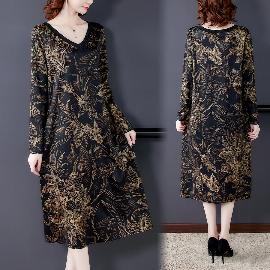 

2023 Autumn Casual V-Neck Knitted Midi Dress Spring Vintage Floral Loose Beach Dress Women Elegant Bodycon Party Runway Vestidos