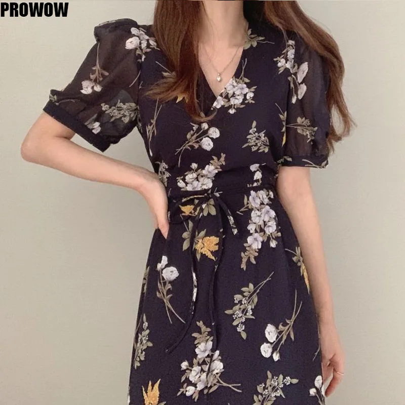 2020 Summer Chiffon Floral Dress Korean Women White Beach Bohemian Elegant Robe V Neck Dresses Femme
