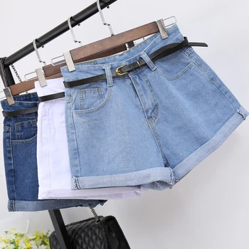

Casual Solid Sweet Women Denim Shorts Summer Korean Female Straight Shorts Mujer Empire Sashes Pockets Sexy Mini Jeans Shorts
