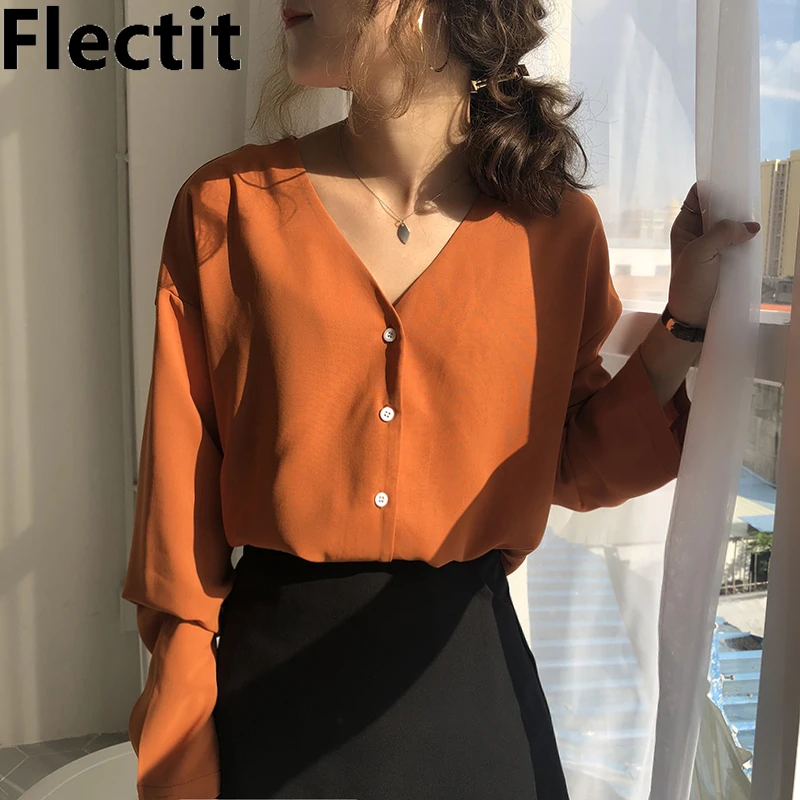 

Flectit Business Chic Women Blouse & Shirt V-Neck Button Down Long Sleeve Spring Autumn Tops Lady Work Outfit *