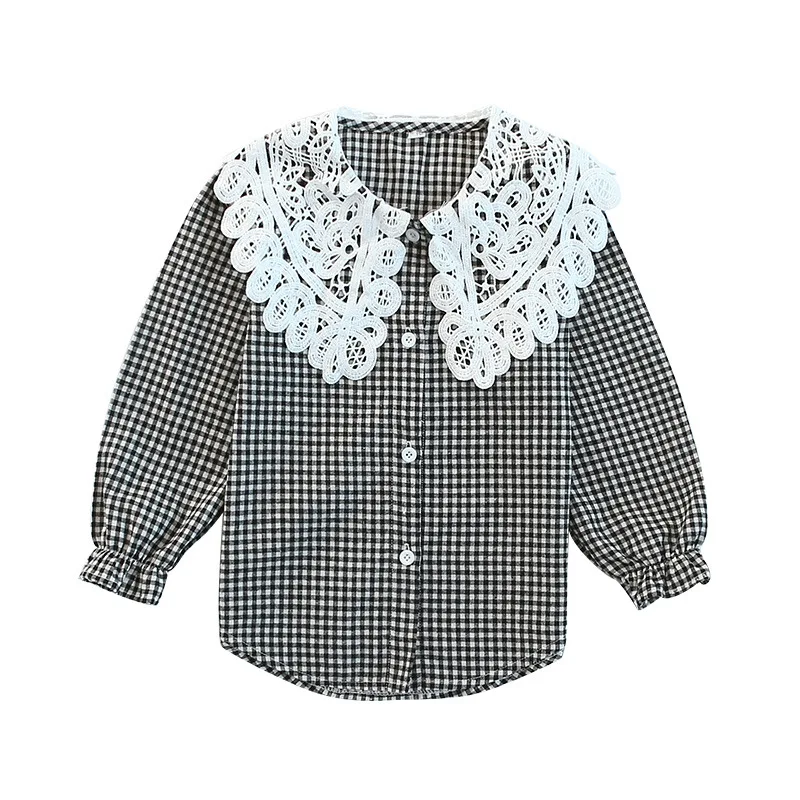 New Autumn Plaid Blouses For Teenage Girls Lace Collar Long Sleeve Shirts Tops Kids Casual School Blouse Children Clothing