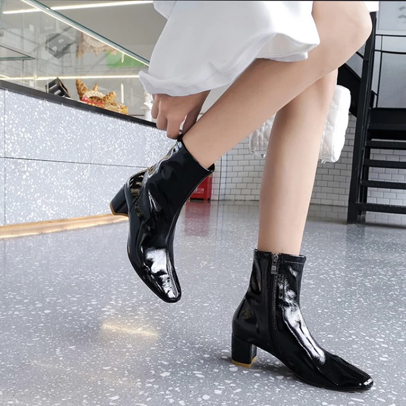 Real Patent Leather Women Short Boots Autumn Winter Mid Heel Shoes F009 Fashion Ladies Zipper Black Beige Square Toe Ankle Boots