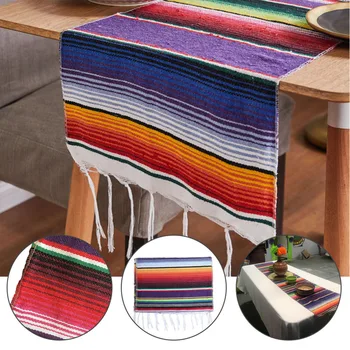 

4 Color Mexican Party Serape Cotton Tablecloth Stripe Table Runner Rainbow Wedding Chritmas Table Cloth Flag Home Decor 213X35cm