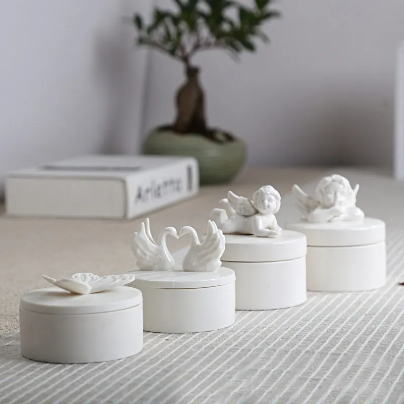 

Nordic Home Decorations Accessories Handmade Trinket Box White Ceramic Angel Jewelry Box Wedding Gift Candy Jar Storage Canister
