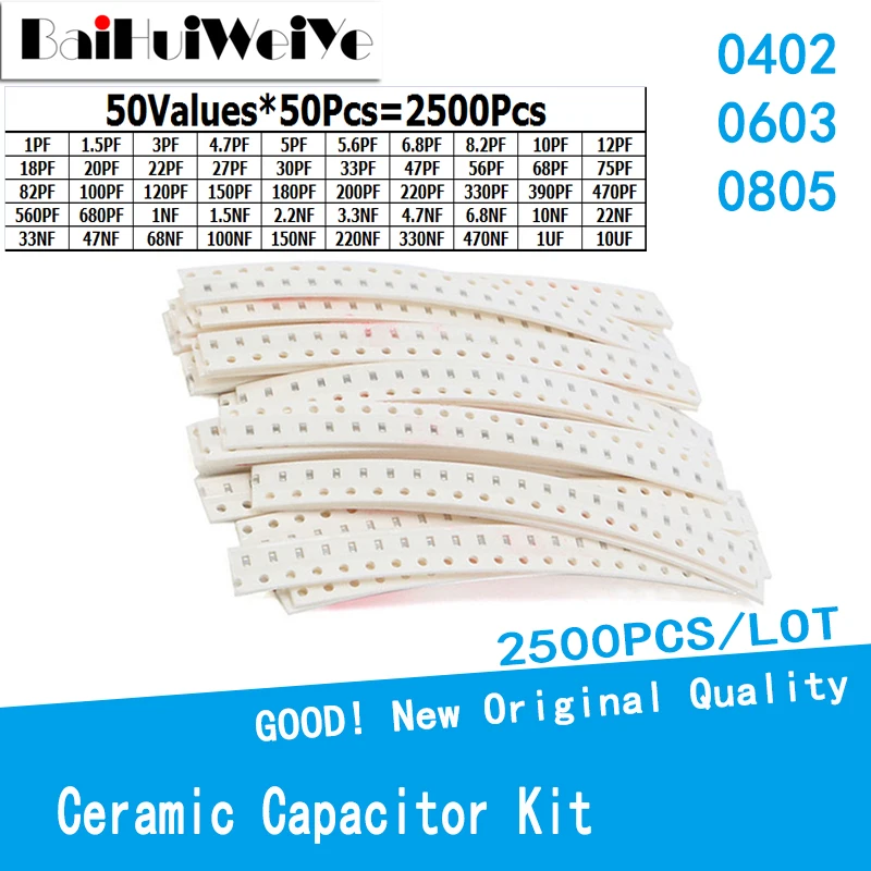 2500PCS/LOT 0402 0603 0805 SMD Chip Ceramic Capacitor Assorted Kit 50 Values*50Pcs 1PF-10UF Samples Kit Electronic Diy Kit SET 2500pcs 0805 0603 0402 smd chip multilayer ceramic capacitor 50 values 50pcs 1pf 10uf samples kit electronic diy kit