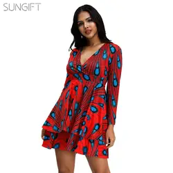 SUNGIFT, Африканское стильное платье для женщин, Дашики, перо, геометрический принт, длинный рукав, v-образный вырез, осень 2019, сексуальные
