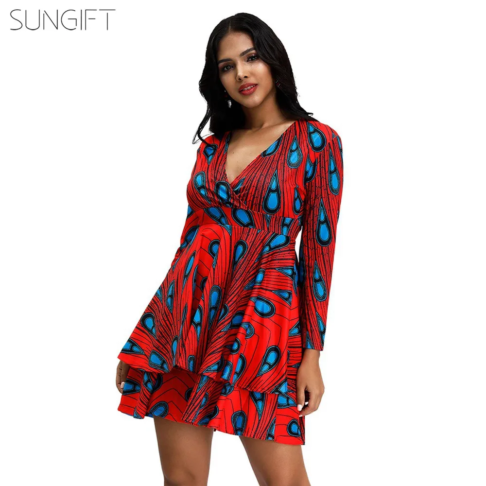 

SUNGIFT African Stylish Dress For Women Dashiki Feather Geometric Print Long Sleeve V Neck 2019 Autumn Sexy Dresses Midi Skirt