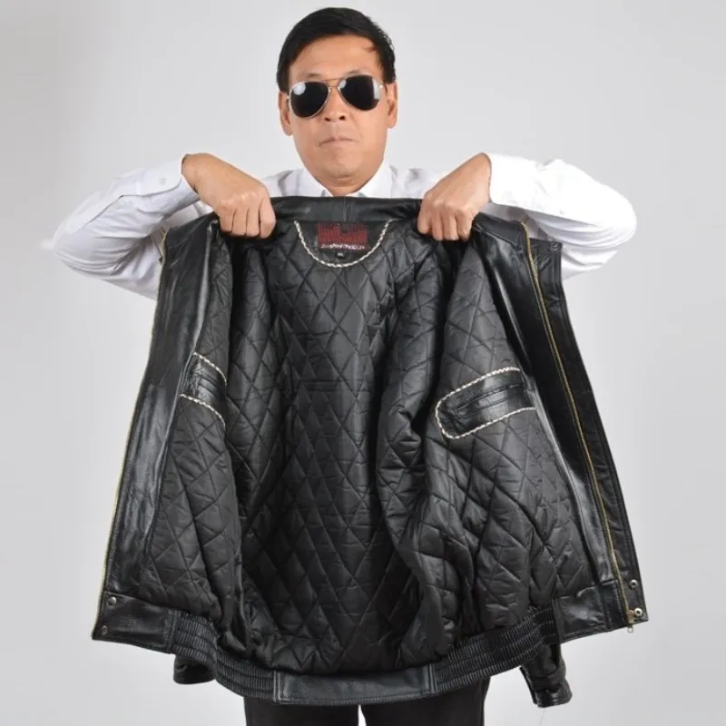 

Winter Mens Stand Collar Motorycle Cowhide Genuine Jacket Biker WIndproof Overcoat Thick Padded Loose Fit Leather Coat