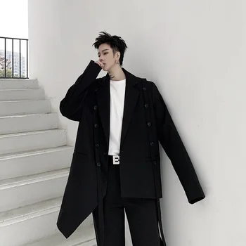 

Men 2PCS Sets Ribbon Casual Suits Jacket Male Women Streetwear Hip Hop Fashion Show Blazer Coat Trousers Stage Clothing