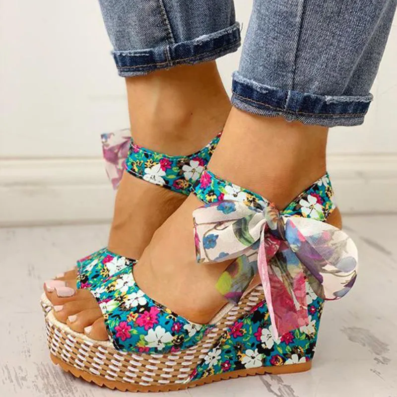 

Wedge Sandals Women Summer Female Floral Bowknot Platform Bohemia High Heel Sandals Fashion Ankle Strap Open Toe Ladies Shoes