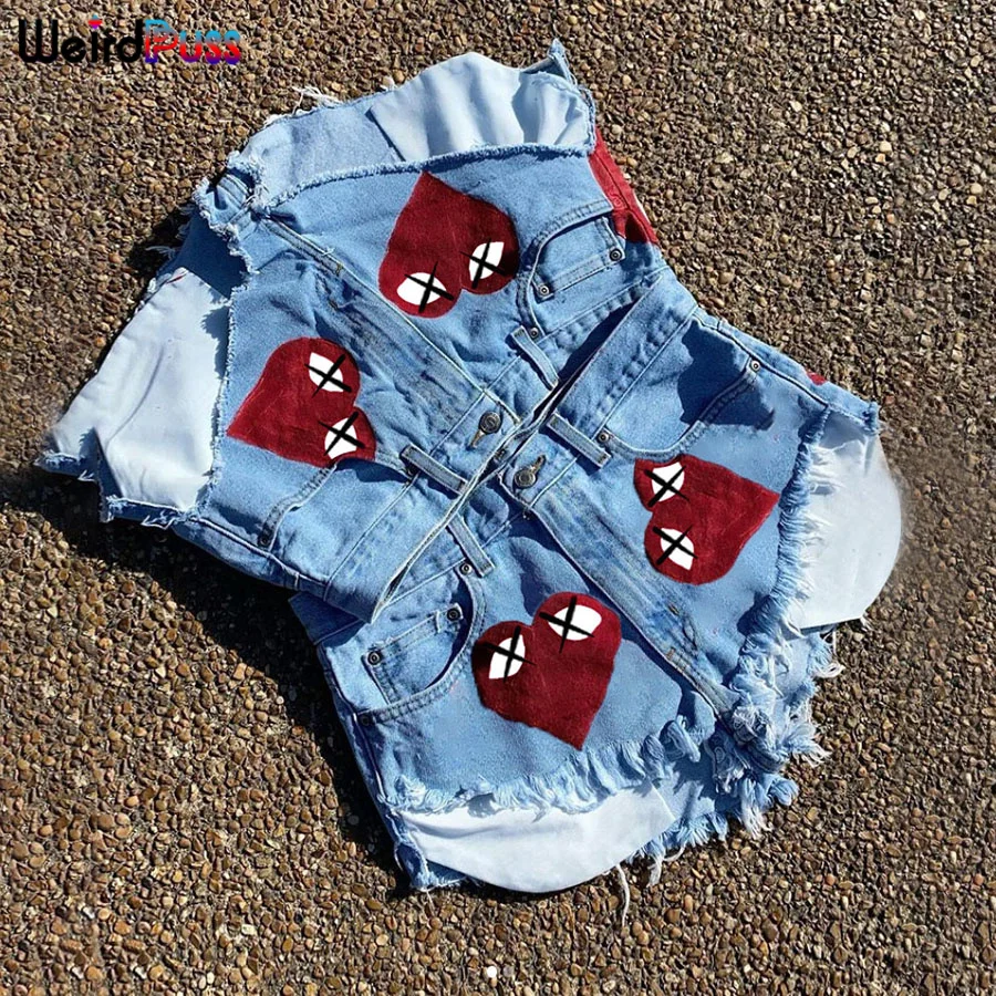 Weird Puss Sexy Heart Print Jean Shorts Women Casual Summer Fashion 2021 Streetwear Fur-Lined Leg-Openings Denim Booty Shorts khaki shorts