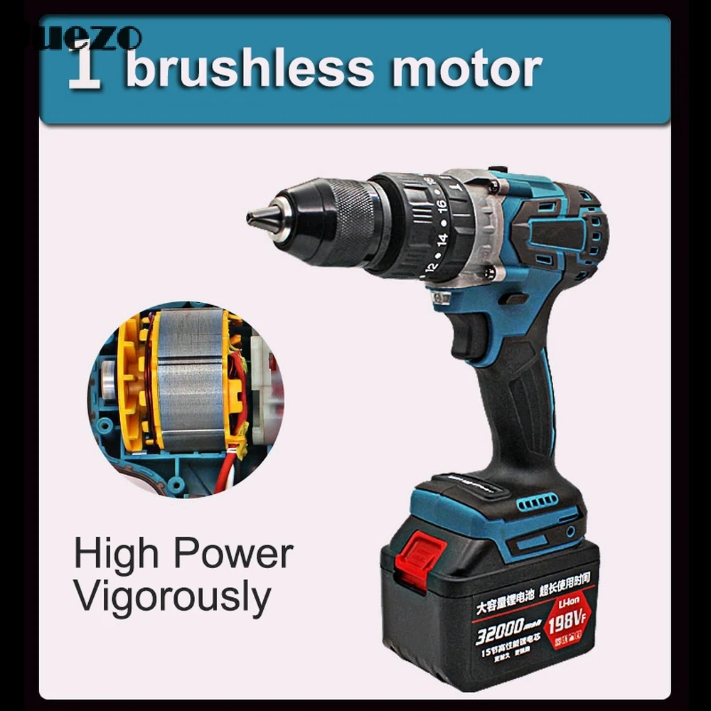 21V Electric Impact Drill High Power Brushless Cordless Power Tool Rechargeable 13mm Drill Driver 23 Modes with Battery Charger