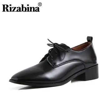 

RIZABINA Women Flats Shoes Genuine Leather High Quality Square Toe Casual Shoes Women Lace Up Office Ladies Footwear Size 34-40