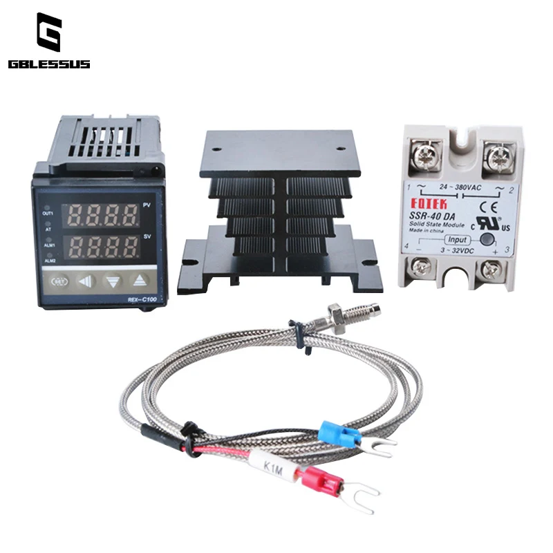 

Digital RKC PID Thermostat Temperature Controller Digital REX-C100/ 40A SSR Relay/K Thermocouple Probe/Heat Sink