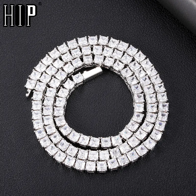 

Hip Hop 5MM Bling Iced Out Square Prong Tennis Chain CZ Copper AAA+ Cubic Zirconia Stones Necklace For Men Women Jewelry