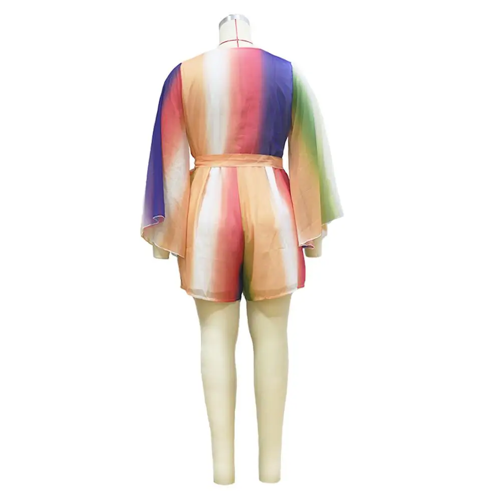 Adogirl XL-4XL Plus Size Women Playsuit Changing Color Stripe V Neck Flare Long Sleeve Fashion Jumpsuits Chiffon Romper Overalls