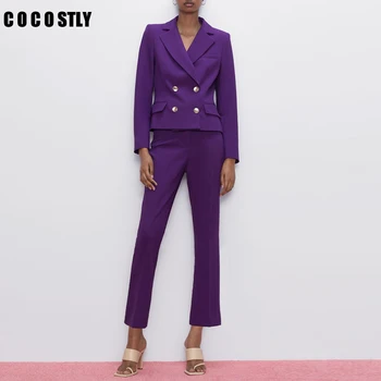 

2020 New 2 piece set women suits Long Pants with High Wasit Harem Pant Solid Casual OL Summer Ankle Length Purple Trousers Suits
