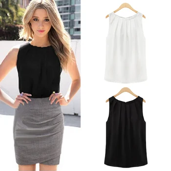 

Simple New Chiffon Women Summer Shirts Black White Sleeveless Wooden Ear Solid Round Neck Elegant Shirt Casual Style Large Size