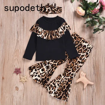

Kids Long Sleeve Leopard Shirt Ruffle Bell Bottom Pants Clothing Set Headband Baby Girls Boutique Outfits Fashion Girl 2020 Fall