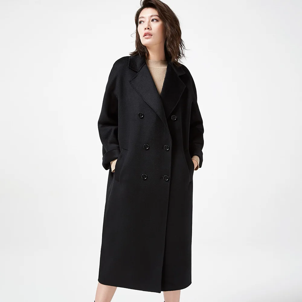Черный Зимние женские пальто, двухстороннее кашемировое пальто, водяная рябь, корейское пальто, Черное длинное пальто, двубортное пальто, шерстяное пальто - Цвет: Черный